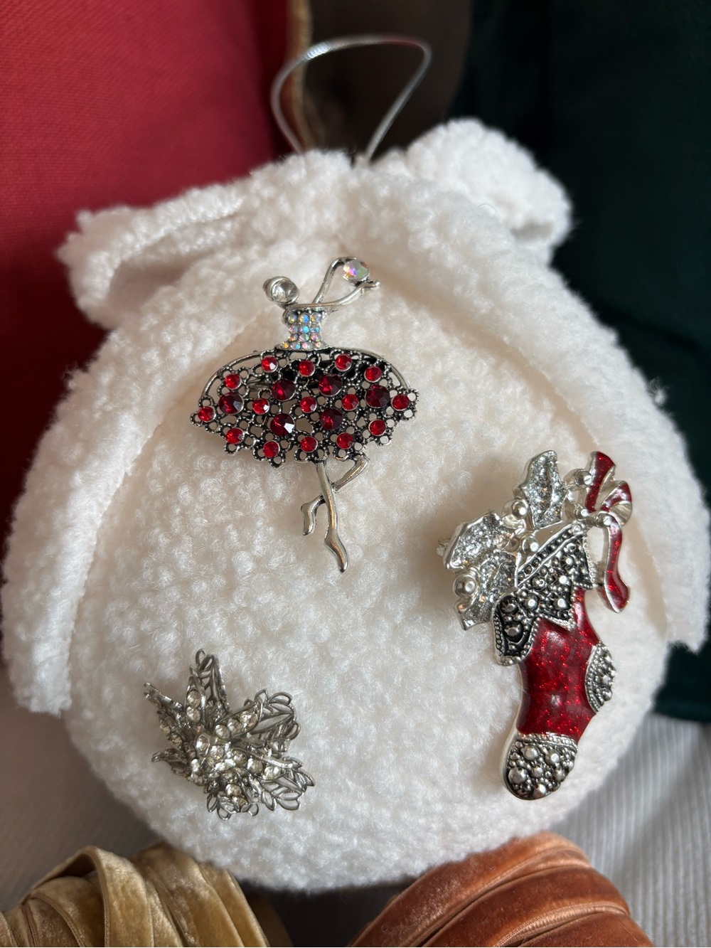 Rhinestone Ballerina Brooch Pin Trio - Red & Silver on Large Ornament